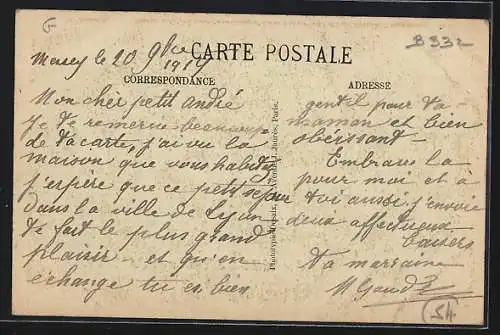 AK Messey-sur-Grosne, École avec fleurs et message Un Bonjour
