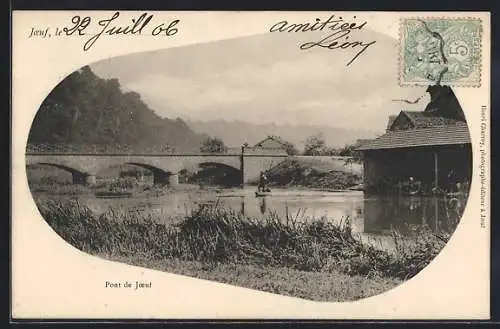 AK Joeuf, Pont de Joeuf sur la rivière avec canot et bâtiment au bord de l`eau