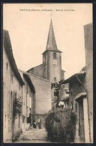 AK Waville, Rue du Cul-de-Sac avec église et charrette de foin