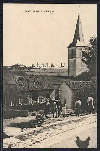 AK Houdreville, L`Église et villageois en scène rurale