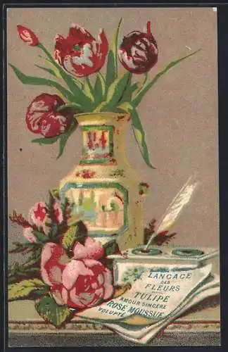 Lithographie Langage des Fleurs, Tulipe, Amour sincere Rose Moussue volupté