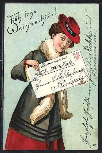 AK Fräulein hält Kuvert, Recommandiert Wert: 5000 Mark, Weihnachtsgruss, Postgeschichte