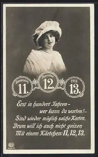 AK besonderes Datum 11.12.13, Frau mit Haube