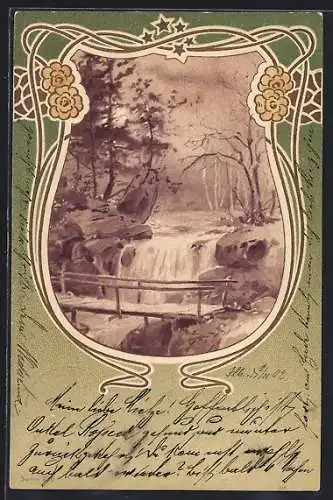 Lithographie Wasserfall mit Brücke im Ornament-Rahmen mit Blumen, Jugendstil