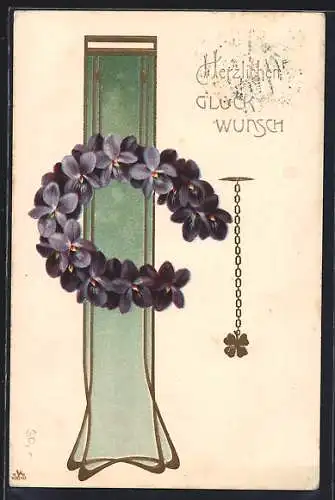 Präge-AK Blumen-Hufeisen vor Ornament-Stele, Glücksklee-Kette, Jugendstil