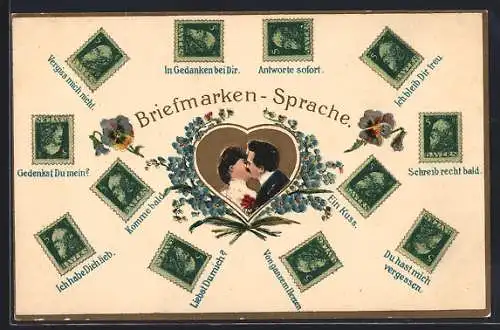 AK Briefmarkensprache und sich küssendes Paar