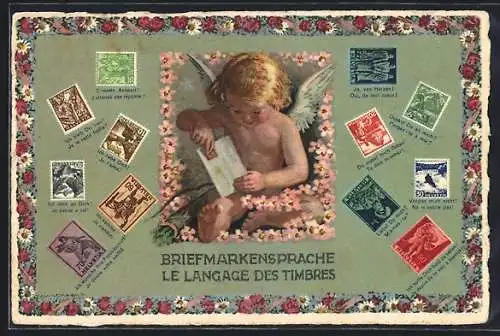AK Engel klebt eine Briefmarke auf einen Brief, Briefmarken mit Botschaften in Briefmarkensprache, Blumenrahmen