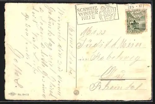 AK Engel klebt eine Briefmarke auf einen Brief, Briefmarken mit Botschaften in Briefmarkensprache, Blumenrahmen