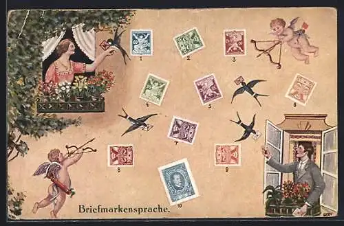 AK Briefschwalben liefern Briefe, Zielende Amorfiguren, Briefmarkensprache