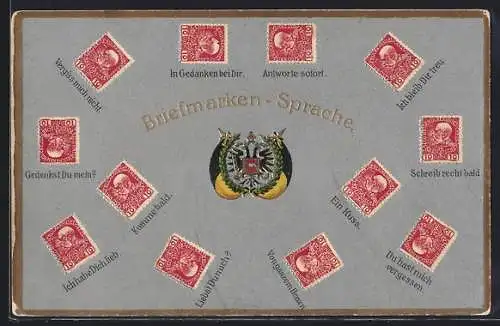 Präge-AK Briefmarken mit Botschaften, Österreichisches Wappen, Briefmarkensprache