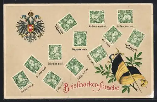 AK Briefmarken mit Botschaften, Österreichisches Wappen und Fahne, Briefmarkensprache