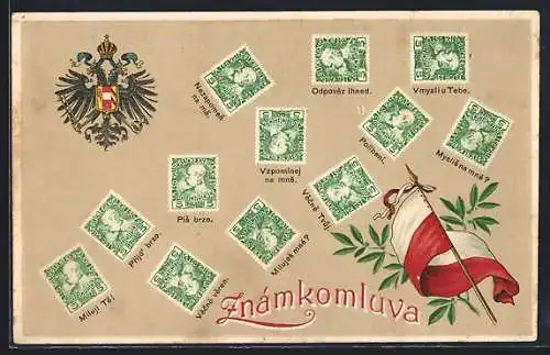 AK Briefmarken mit Botschaften, Polnische Fahne, Wappen, Briefmarkensprache