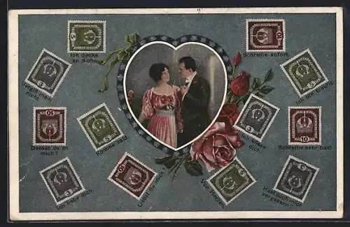 AK Briefmarken mit Botschaften, Paar im Herzrahmen, Rosen, Briefmarkensprache