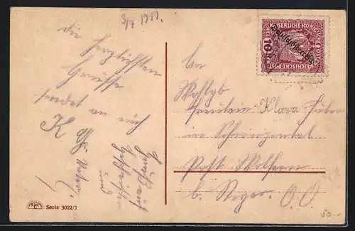 AK Briefmarken mit Botschaften, Paar im Herzrahmen, Rosen, Briefmarkensprache