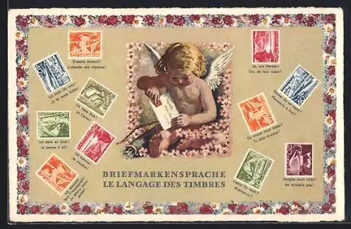 AK Le Langage des Timbres, Briefmarkensprache, Amor hält einen Brief in der Hand, diverse Briefmarken