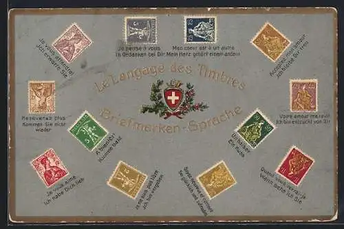 AK Aufgeklebte Mini-Briefmarken mit Botschaften, Schweizer Wappen, Briefmarkensprache