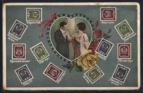 AK Briefmarken mit Botschaften, Sich begrüssendes Paar im Herzrahmen, Rosen, Briefmarkensprache