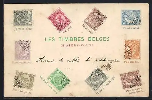 AK Les Timbres Belges, Briefmarken mit Botschaften, Briefmarkensprache