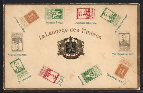 Präge-AK Le Langage des Timbres, Briefmarken mit Botschaften, Löwen-Wappen