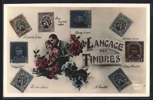 AK Langage des Timbres, Paar, Blumen, Briefmarken mit Botschaften