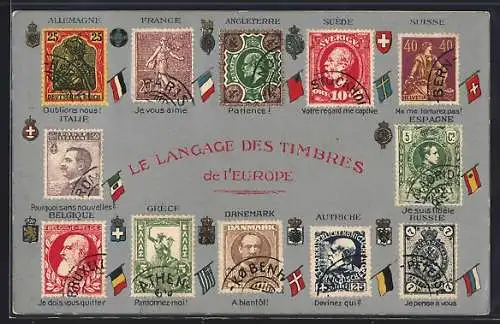 AK Le Langage des Timbres de l`Europe, Briefmarken unterschiedlicher Länder mit Botschaften, Wappen u. Fahnen