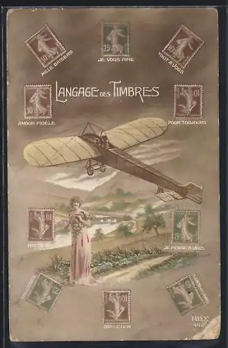 AK Langage des Timbres, Flugzeug, Mädchen u. Flusslandschaft, Briefmarken mit Botschaften