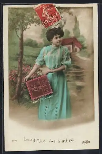 AK Langage du Timbre, Mädchen mit Briefmarke und Botschaft Tout à vous, Flusslandschaft