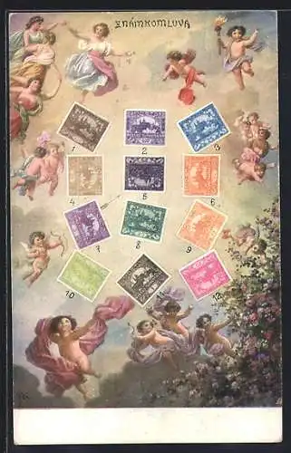 AK Briefmarken, Botschaften rückseitig, Schwebende Engel, Amor, Frauenfiguren, Briefmarkensprache