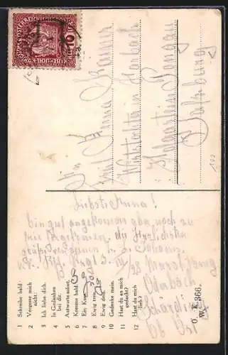 AK Briefmarken, Botschaften rückseitig, Paar in Herz-Rahmen, Briefmarkensprache