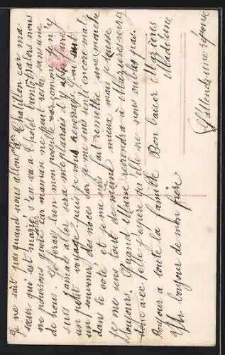 AK Langage des Timbres, Dame vor Brief mit Aufdruck Je brule d`impatience