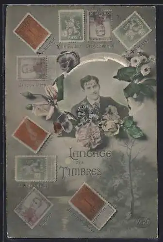 AK Langage des Timbres, Briefmarken mit Botschaften, Jünglingsportrait mit Blumen