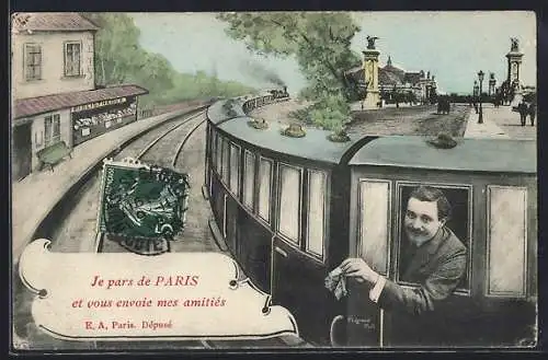 AK Mann im Zug auf dem Wag nach Paris, Fotomontage