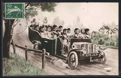 AK Gruppe von Kleinkindern in einem Cabriolet auf der Landstrasse, Fotomontage