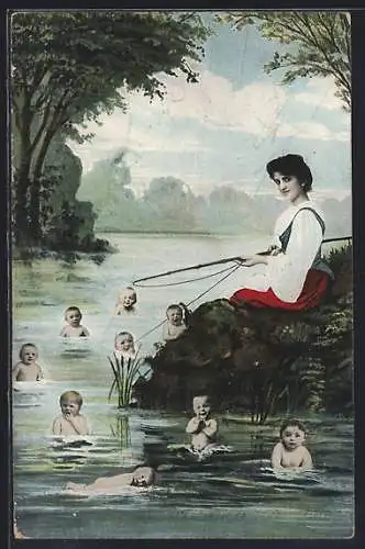 AK Frau angelt Babys, Fotomontage