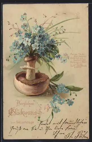 Präge-AK Champignon mit Vergissmeinnicht, Geburtstagsgruss