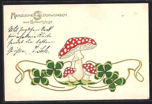 AK Fliegenpilze mit Kleeblättern, Geburtstagsgruss