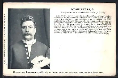 AK Molenbeek-Saint-Jean, Mommaerts G., Bourgmestre 1876-1878, Chocolat des Bourgmestres, Reklame