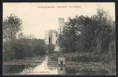 AK Sagonne, Vue de l`Étang et du château en arrière-plan