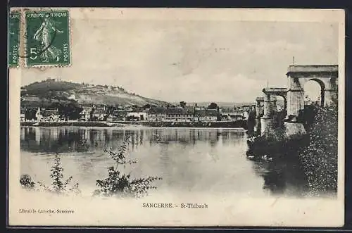 AK Sancerre, Vue sur St-Thibault et la rivière avec pont en arrière-plan