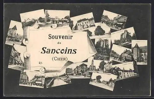 AK Sancoins, Souvenir de Sancoins (Cher) mit verschiedenen Ansichten der Stadt