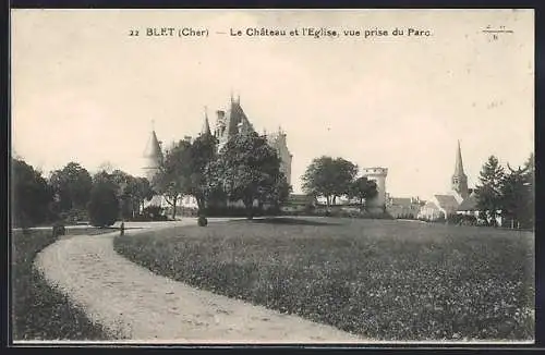 AK Blet, Le Château et l`Église, vue prise du Parc