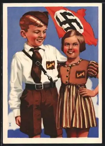 Künstler-AK Knabe und Mädchen der Deutschen Kinderschar, Kindergruppen der NS-Frauenschaft,