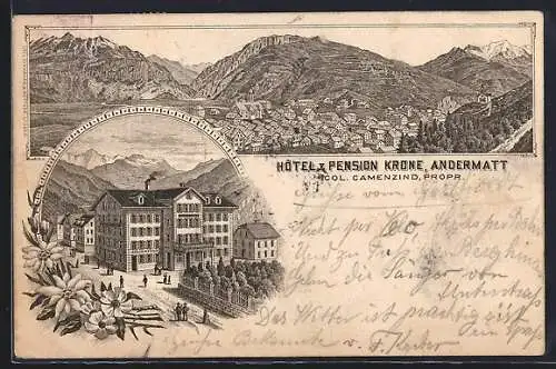 Vorläufer-Lithographie Andermatt, 1895, Hotel & Pension Krone, Panorama