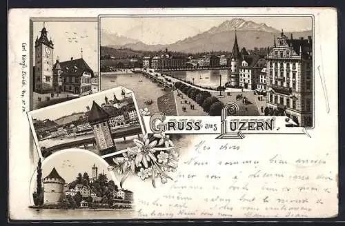 Vorläufer-Lithographie Luzern, 1895, Gebäude der Stadt, Brücke, Turm