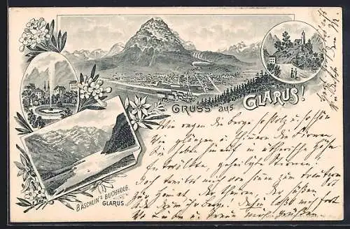 Vorläufer-Lithographie Glarus, 1894, Ortsansicht gegen das Gebirge, Fontäne, See