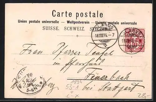 Vorläufer-Lithographie Glarus, 1894, Ortsansicht gegen das Gebirge, Fontäne, See