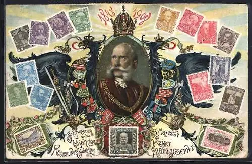 AK Portrait Kaiser Franz Josef I. von Österreich, 60 jähriges Regierungs-Jubiläum 1908, österr. Briefmarken