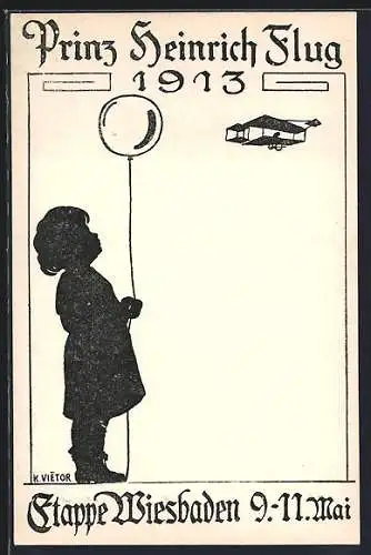Künstler-AK Wiesbaden, Prinz Heinrich Flug 9.-11. Mai 1913, Kind mit Ballon beobachtet ein Flugzeug