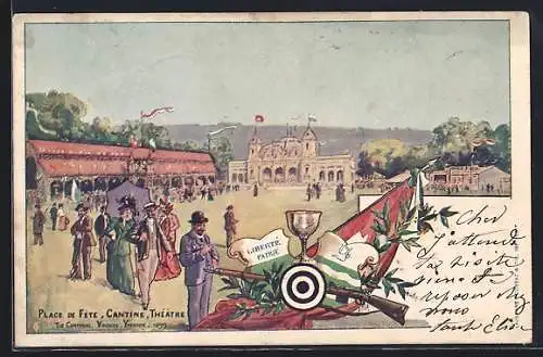 Künstler-AK Yverdon, Tir Cantonal Vaudois 1899, Place de Fête, Cantine, Théâtre