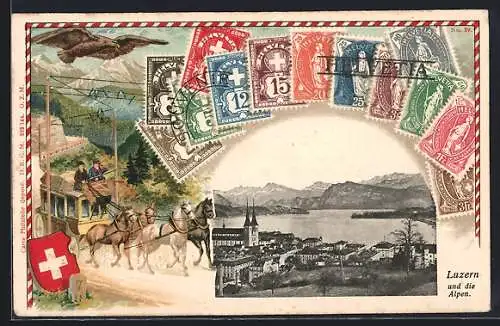 AK Luzern, Alpenpanorama im Passepartout mit Postkutsche und Briefmarken